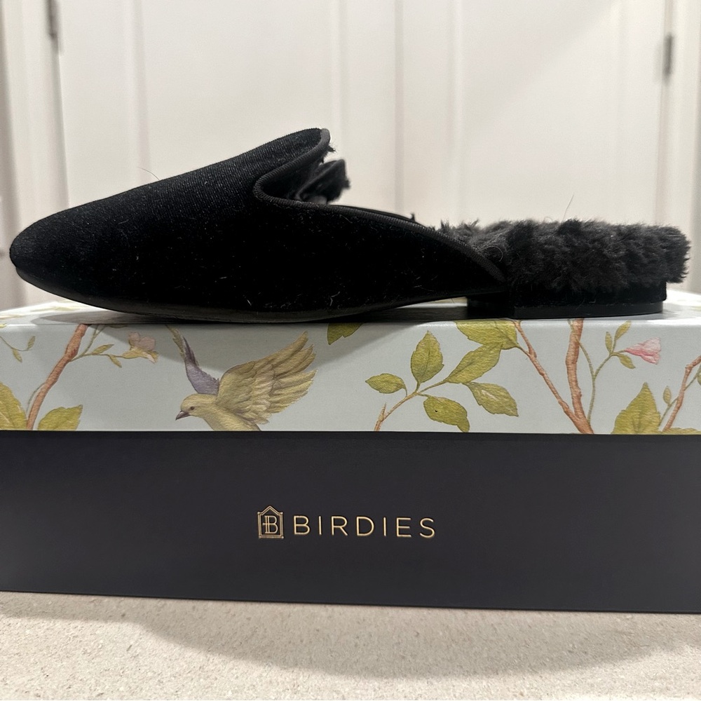 BIRDIES The Phoebe Black Faux Fur Velvet Slide Mules size 5.5